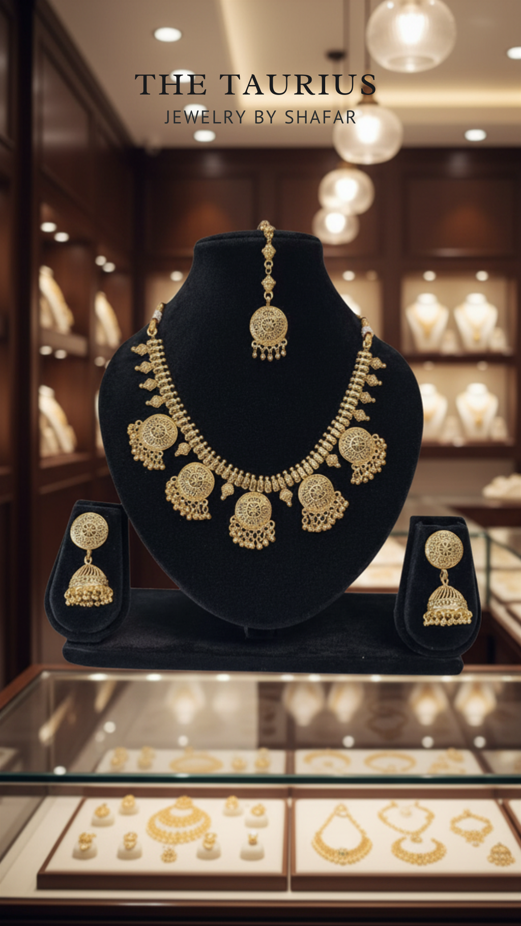 Traditional Gold Jhumka Necklace Set with Maang Tikka