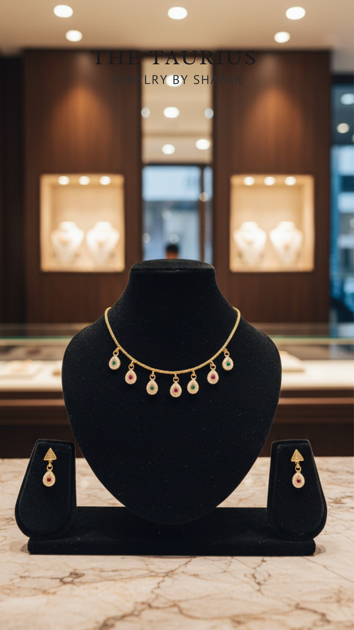 Pink & Green Stone Teardrop Necklace Set with Earrings