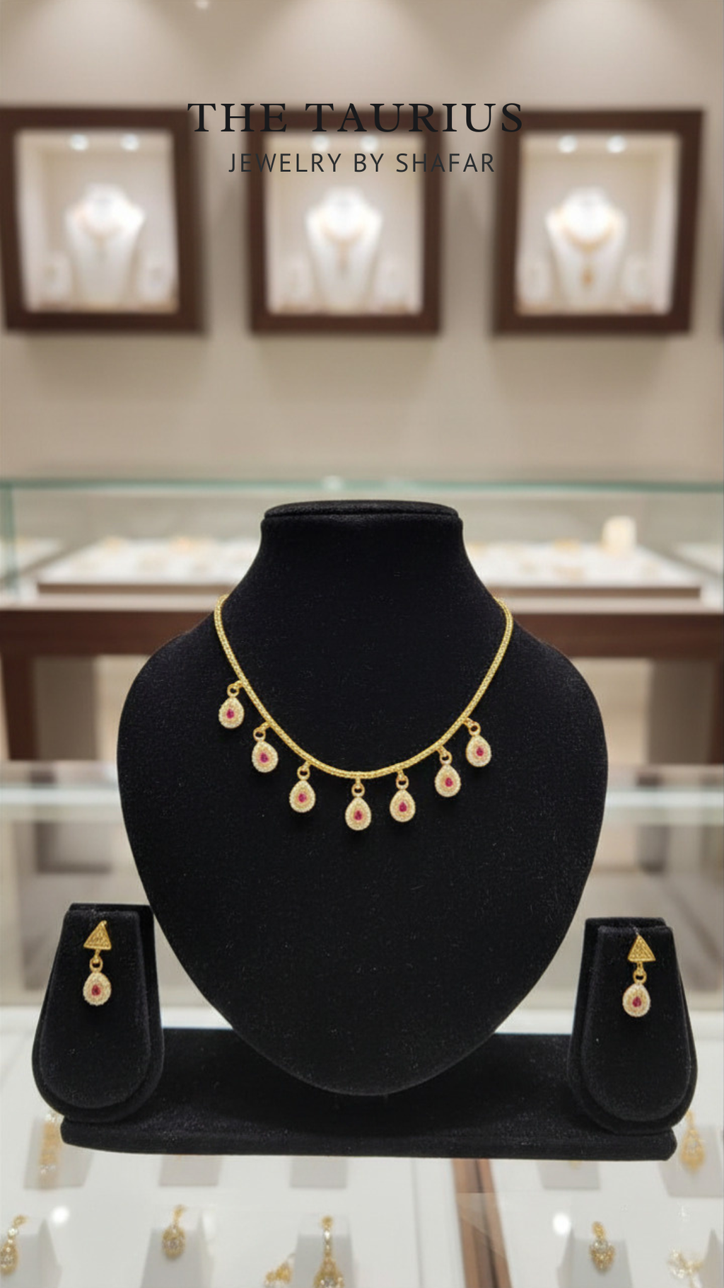 Pink Stone Teardrop Necklace Set with Earrings