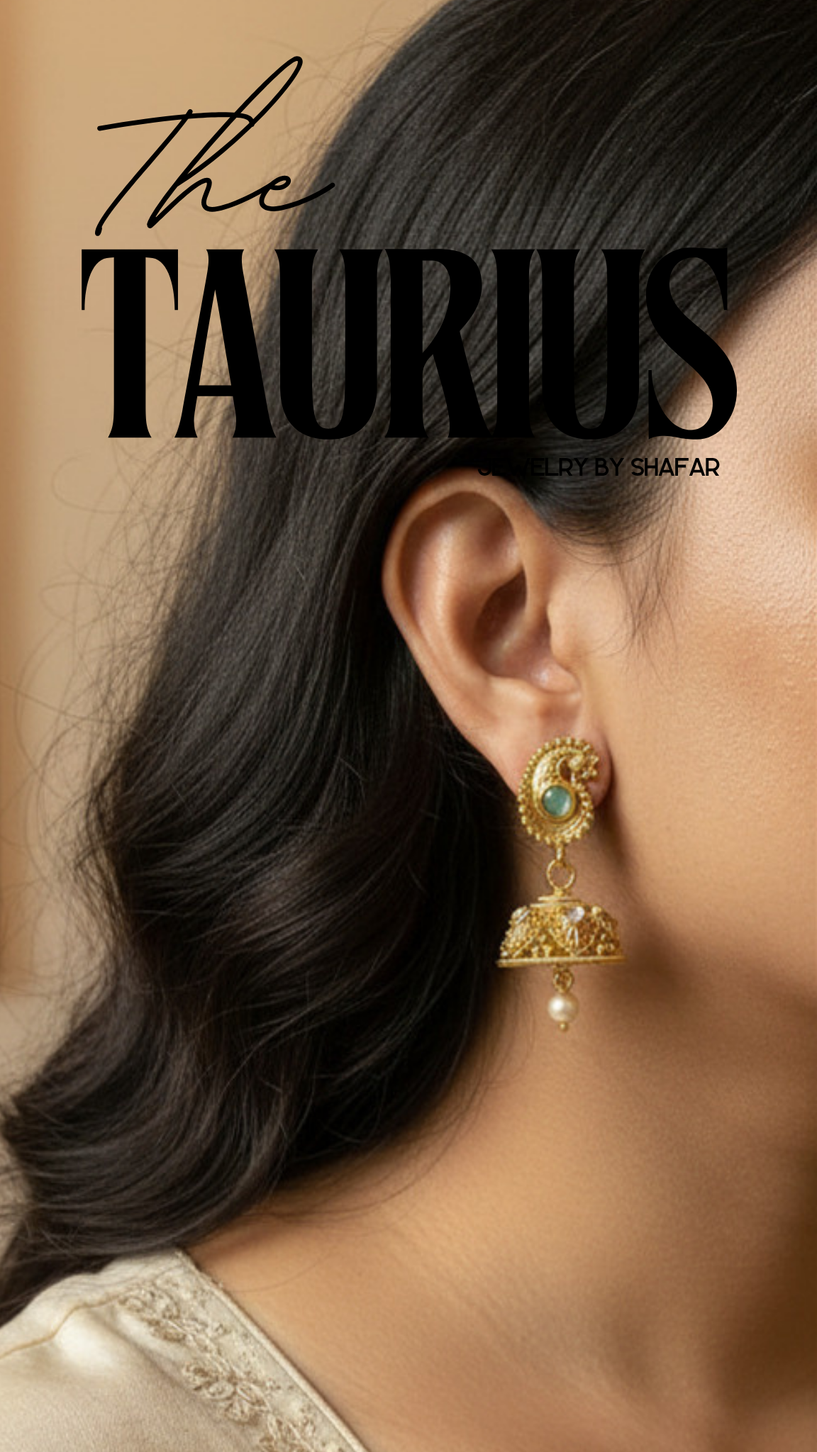Antique Gold Paisley Jhumka Earrings with Emerald Stone & Pearl Drop