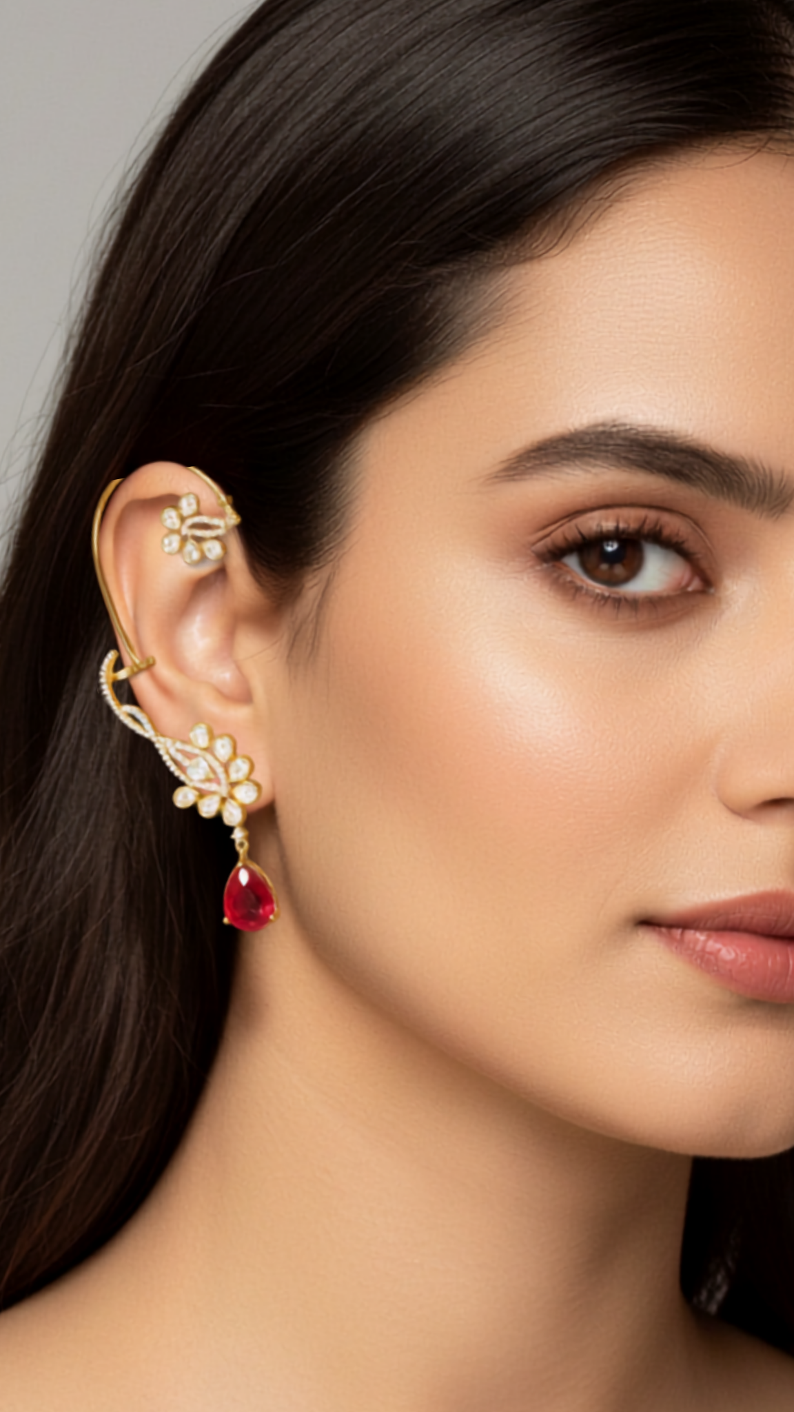 Polki Floral Ear Cuff with Ruby Teardrop Drop
