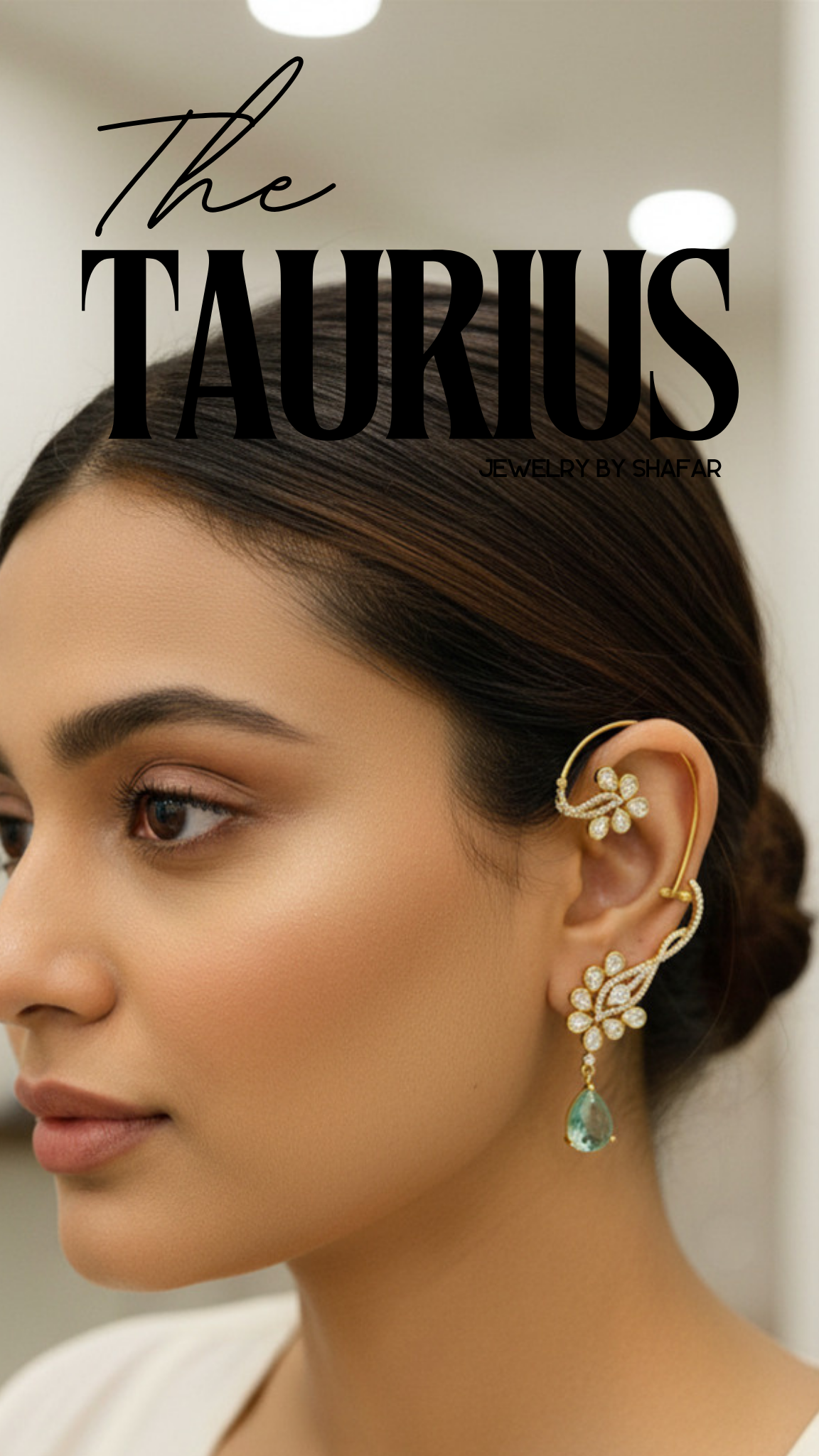 AD Floral Ear Cuff with Emerald Teardrop Drop