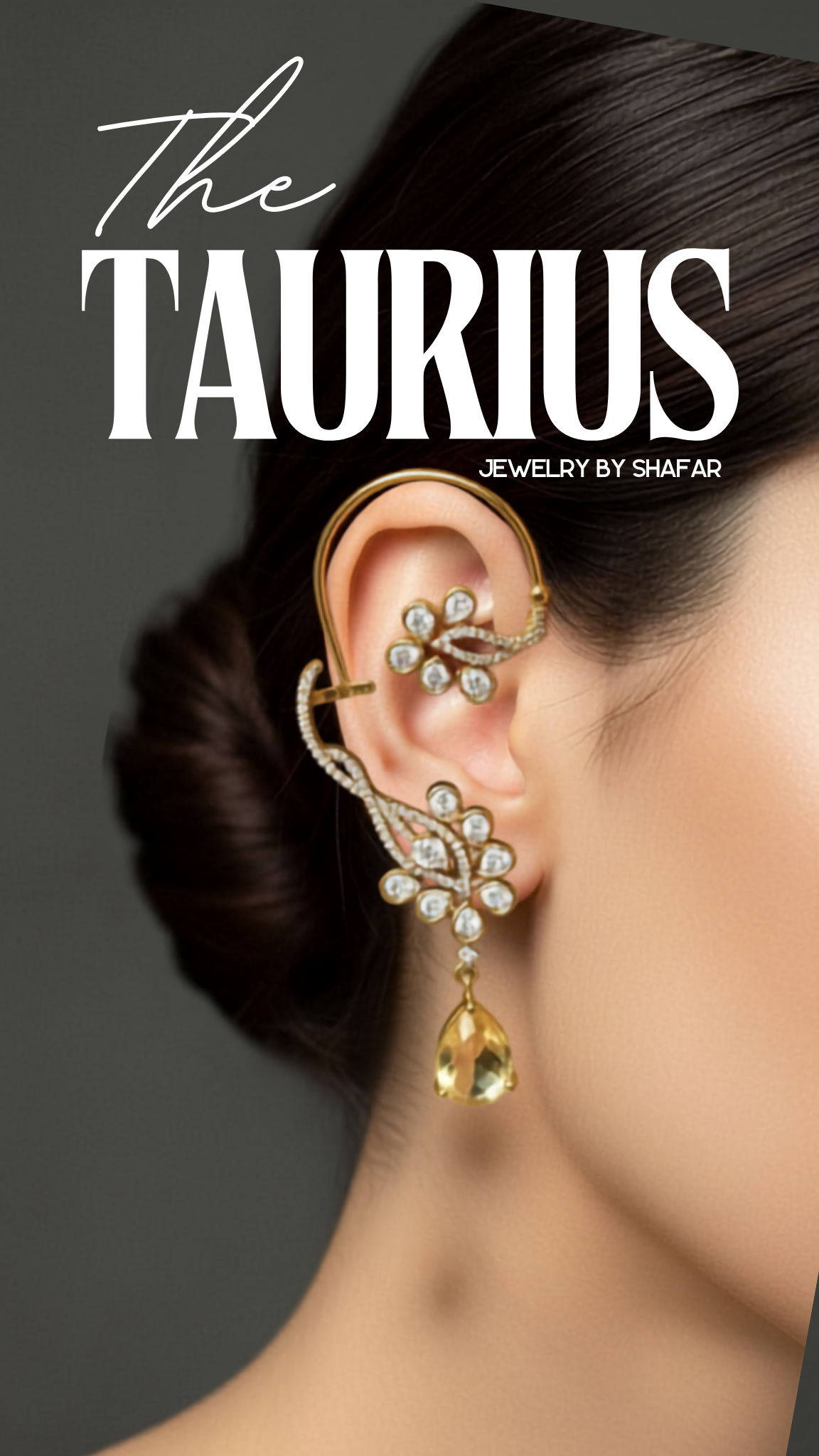 AD Floral Ear Cuff with Citrine Teardrop Drop