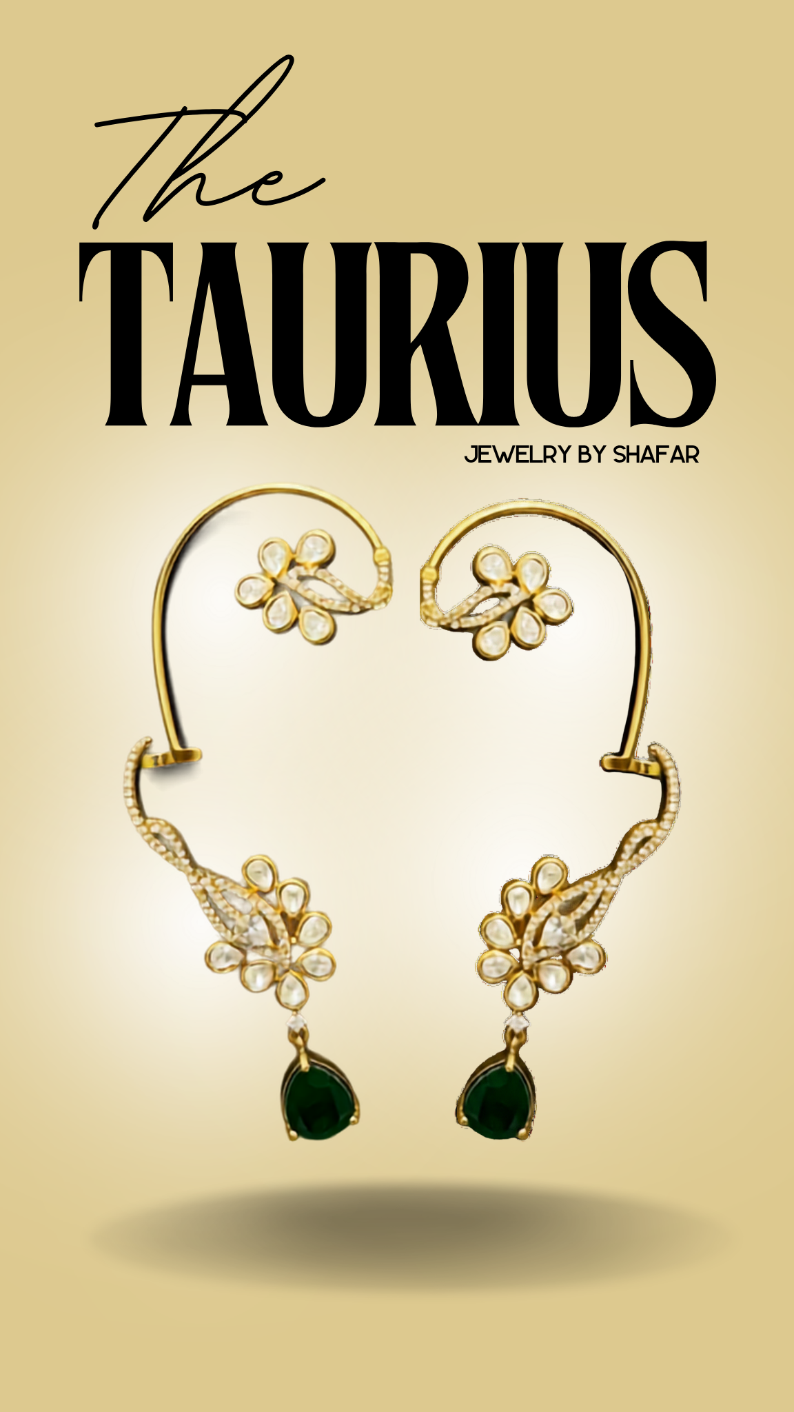 Polki Floral Ear Cuff with Emerald Teardrop Drop