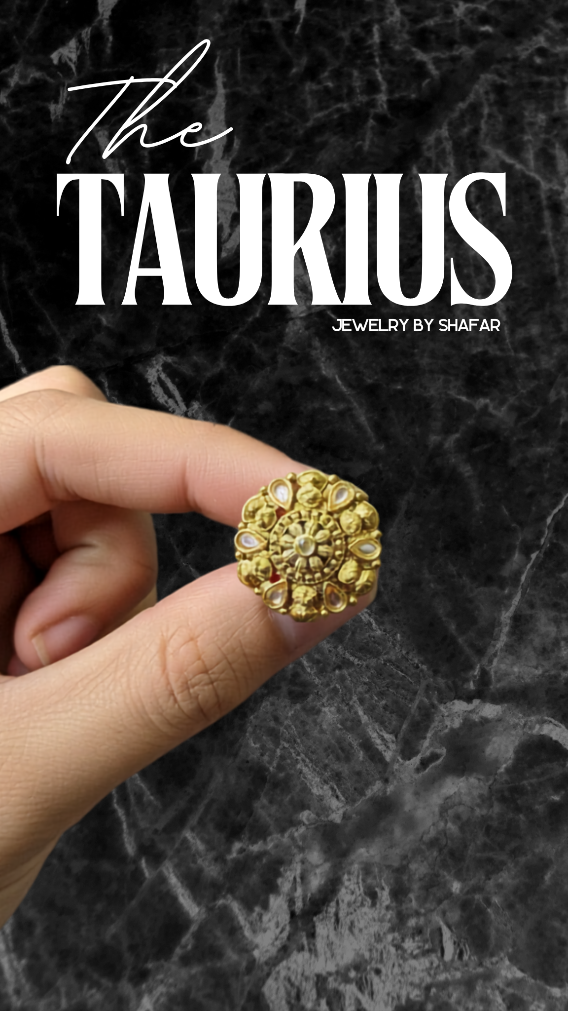 Antique Gold Polki Teardrop Floral Adjustable Ring
