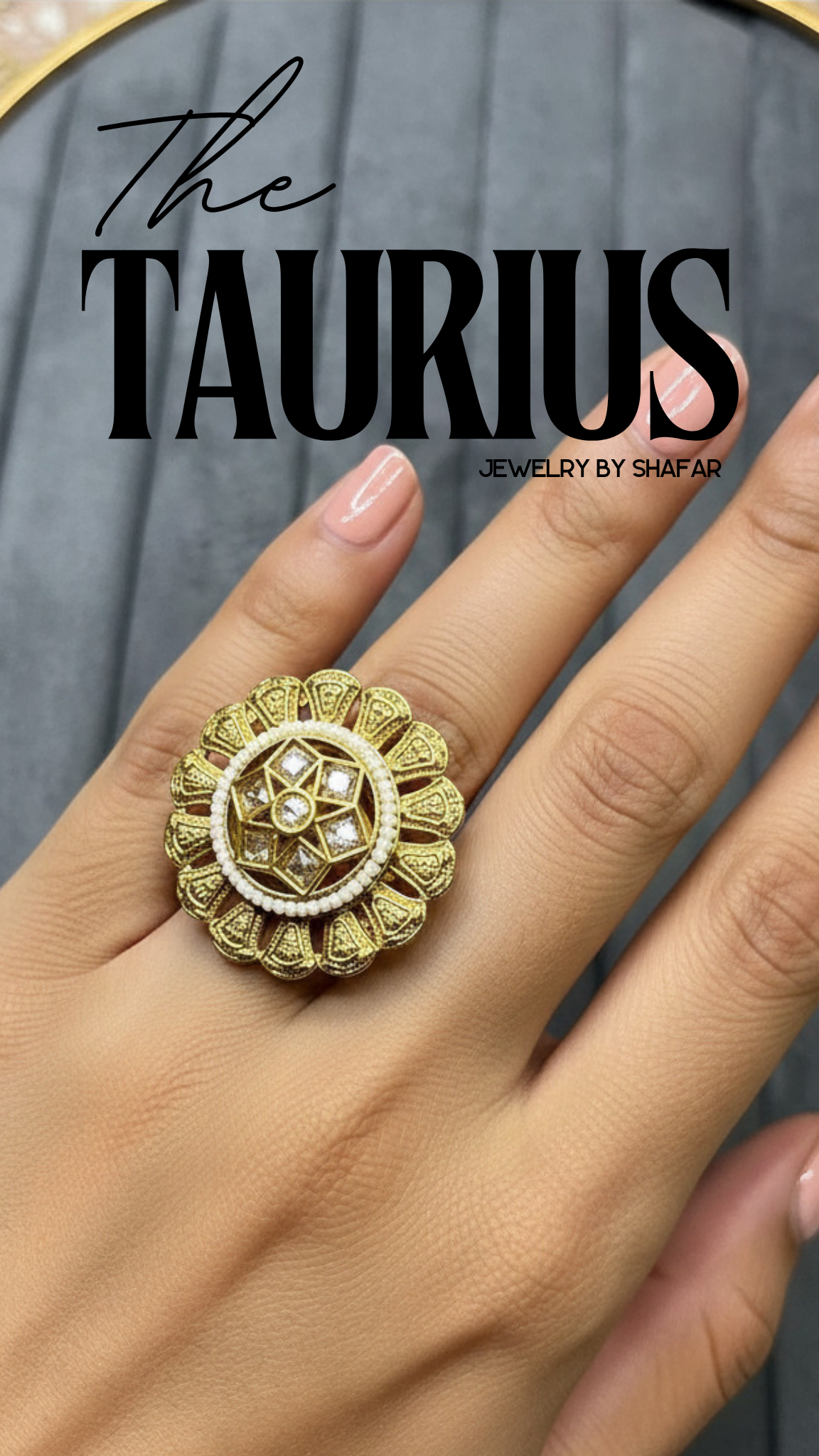 Antique Gold Star Polki Pearl Border Adjustable Ring