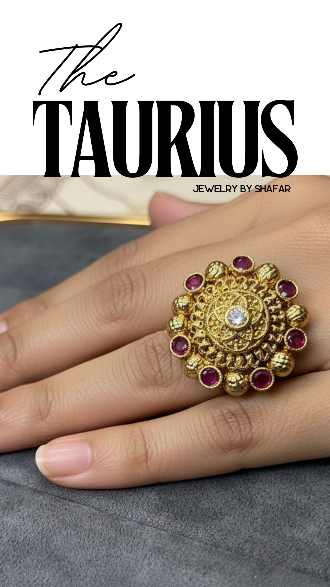 Antique Gold Ruby Stone Filigree Adjustable Ring
