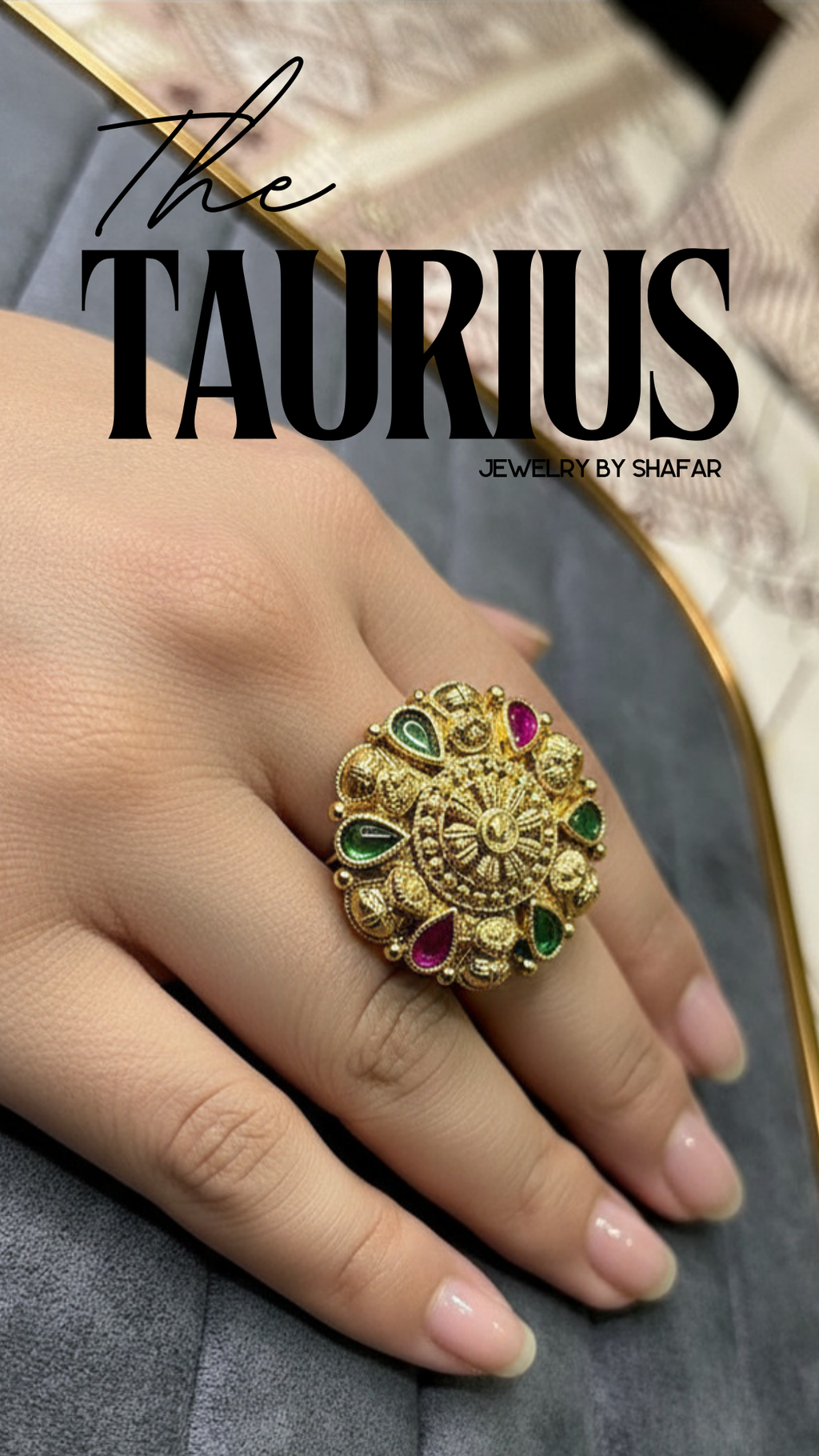Antique Gold Ruby & Emerald Teardrop Floral Adjustable Ring