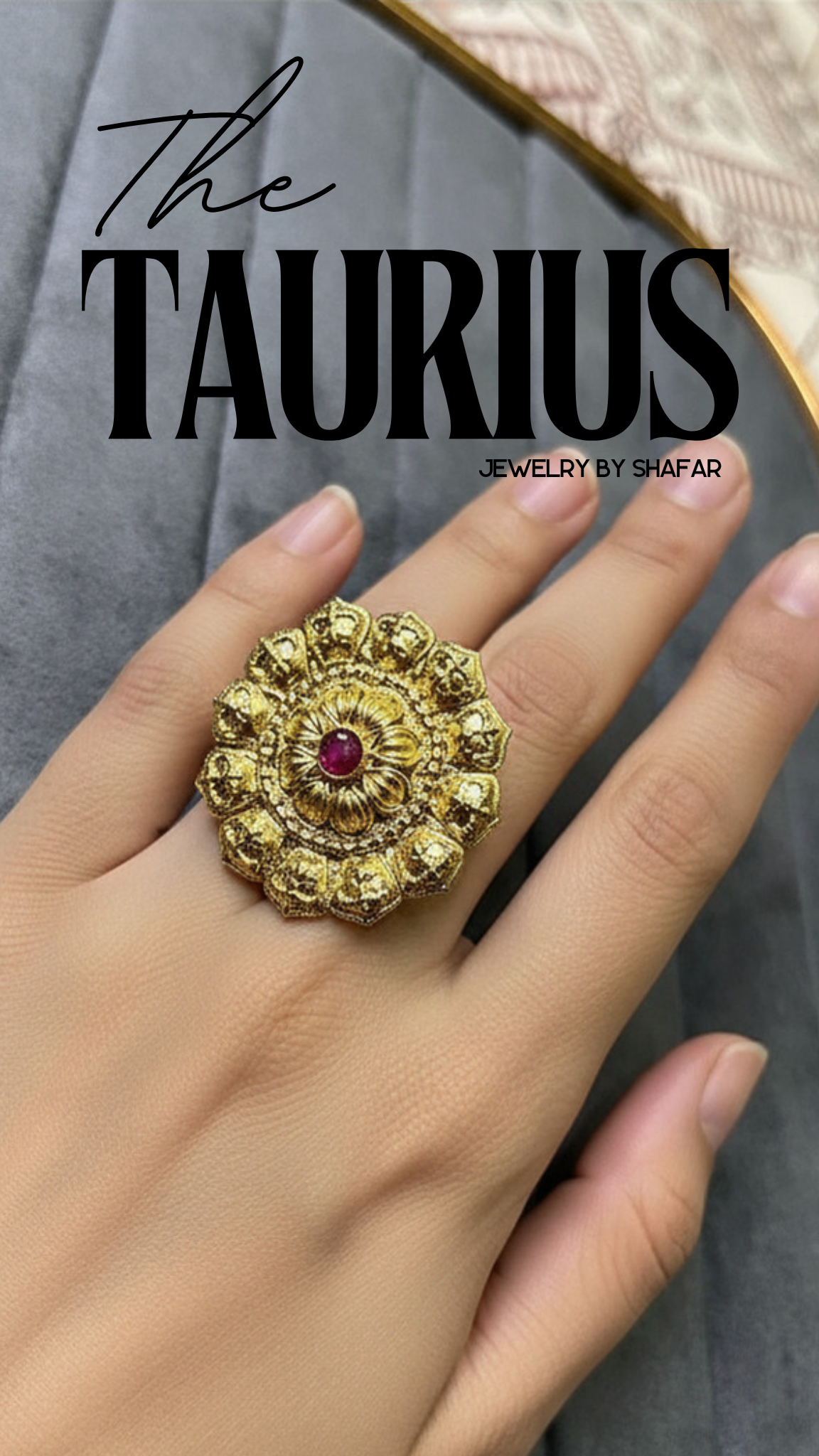 Antique Gold Lotus Petal Ruby Centre Adjustable Ring