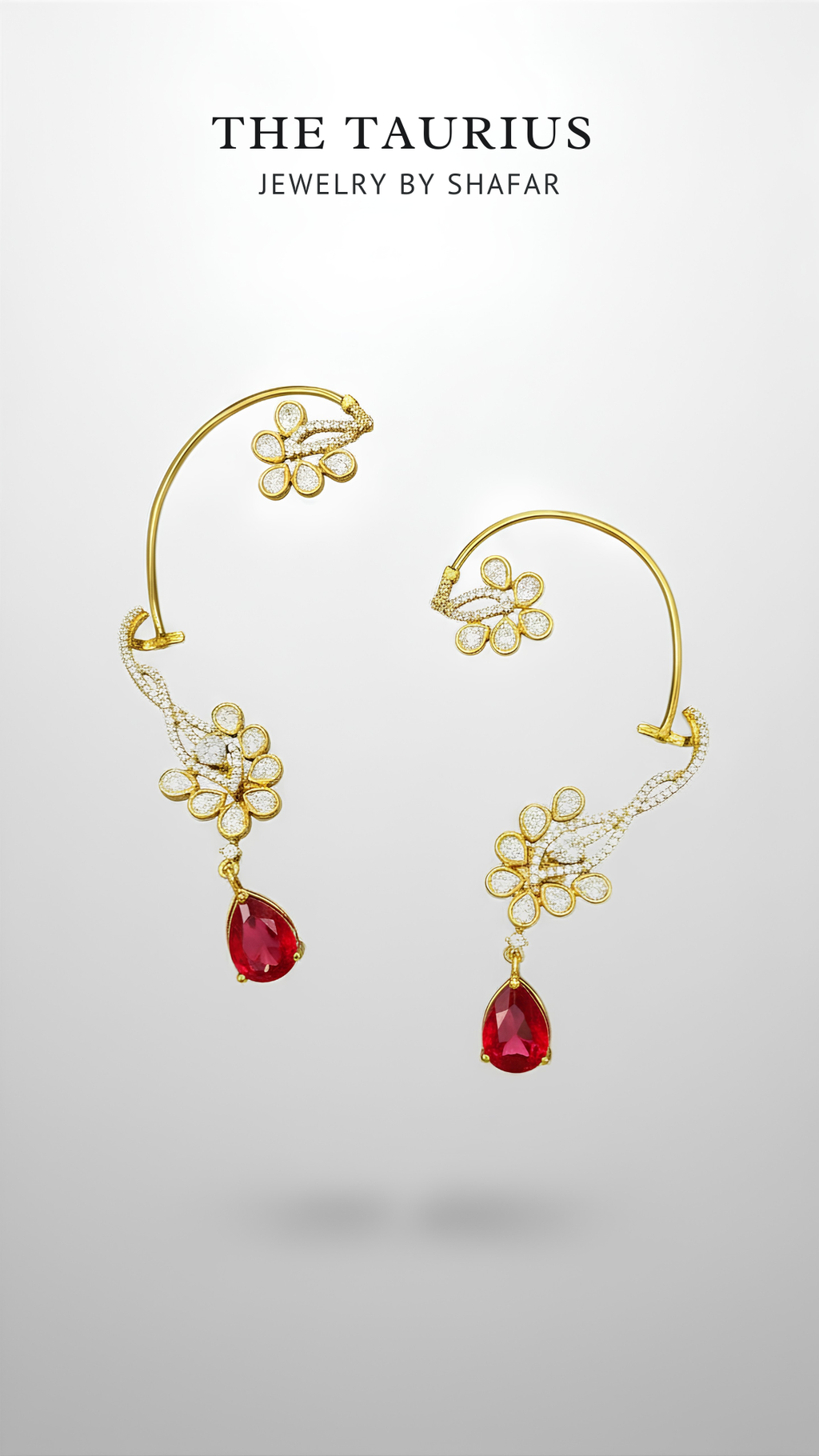Polki Floral Ear Cuff with Ruby Teardrop Drop