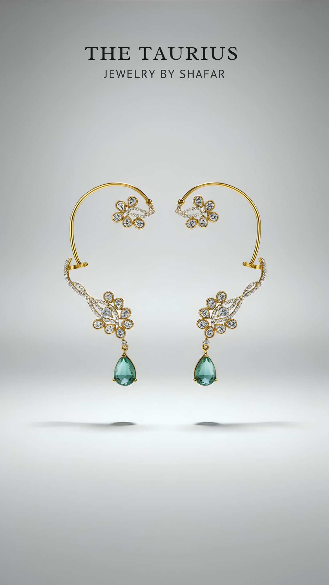 AD Floral Ear Cuff with Emerald Teardrop Drop