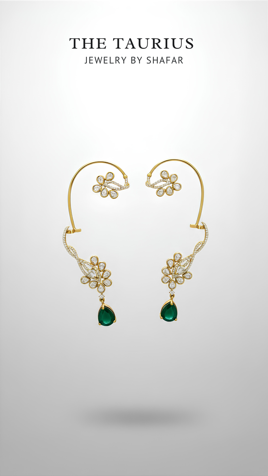 Polki Floral Ear Cuff with Emerald Teardrop Drop