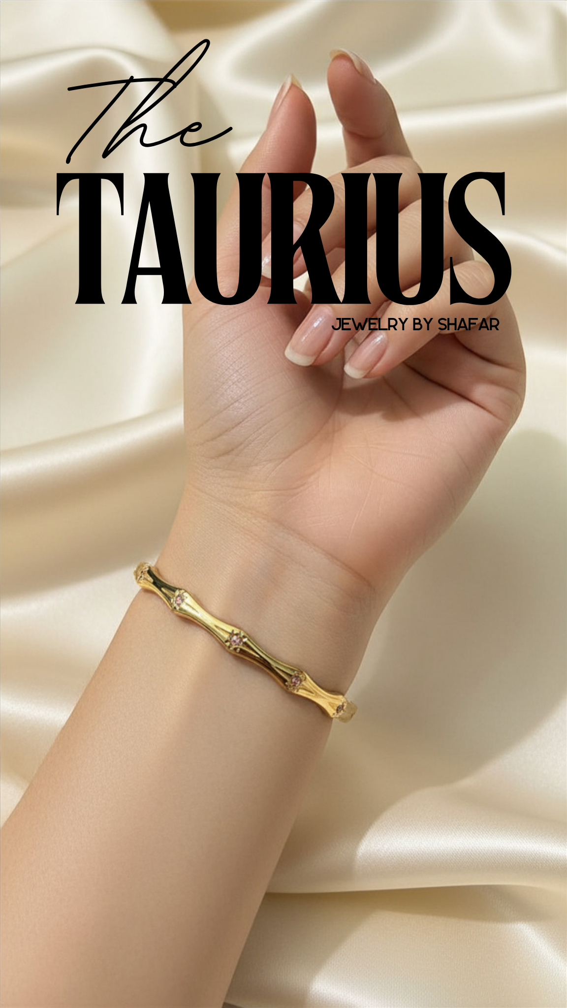 18K Gold Plated Bamboo Cuff Bangle with Pink Stone Accents