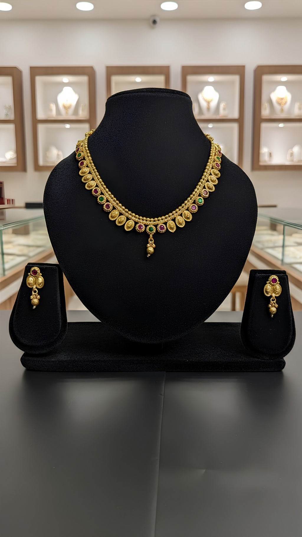 Antique Gold Kemp Stone Necklace Set with Jhumka Earrings