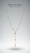 Gold Rosary Bead Cross Lariat Y-Drop Necklace