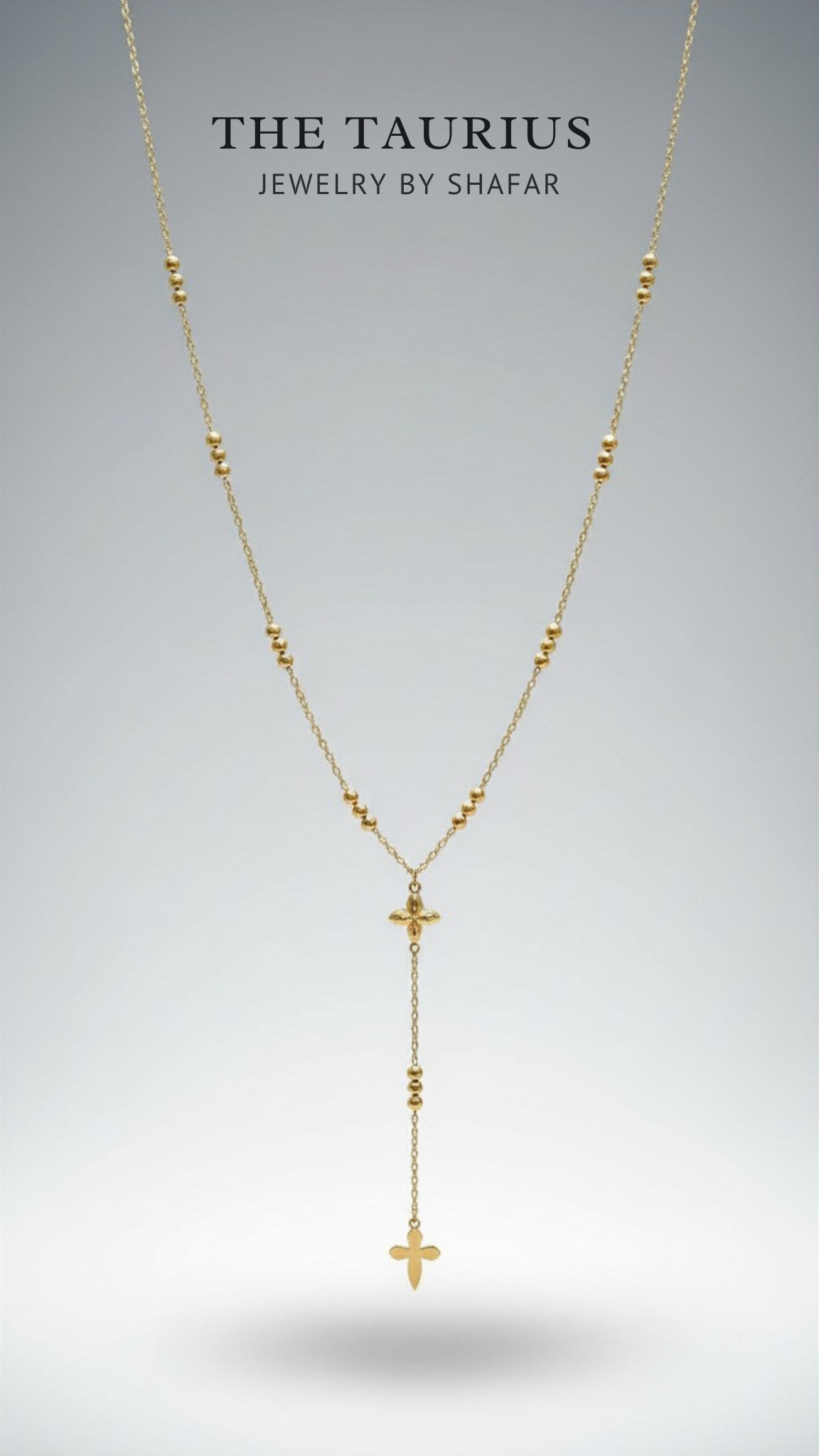 Gold Rosary Bead Cross Lariat Y-Drop Necklace