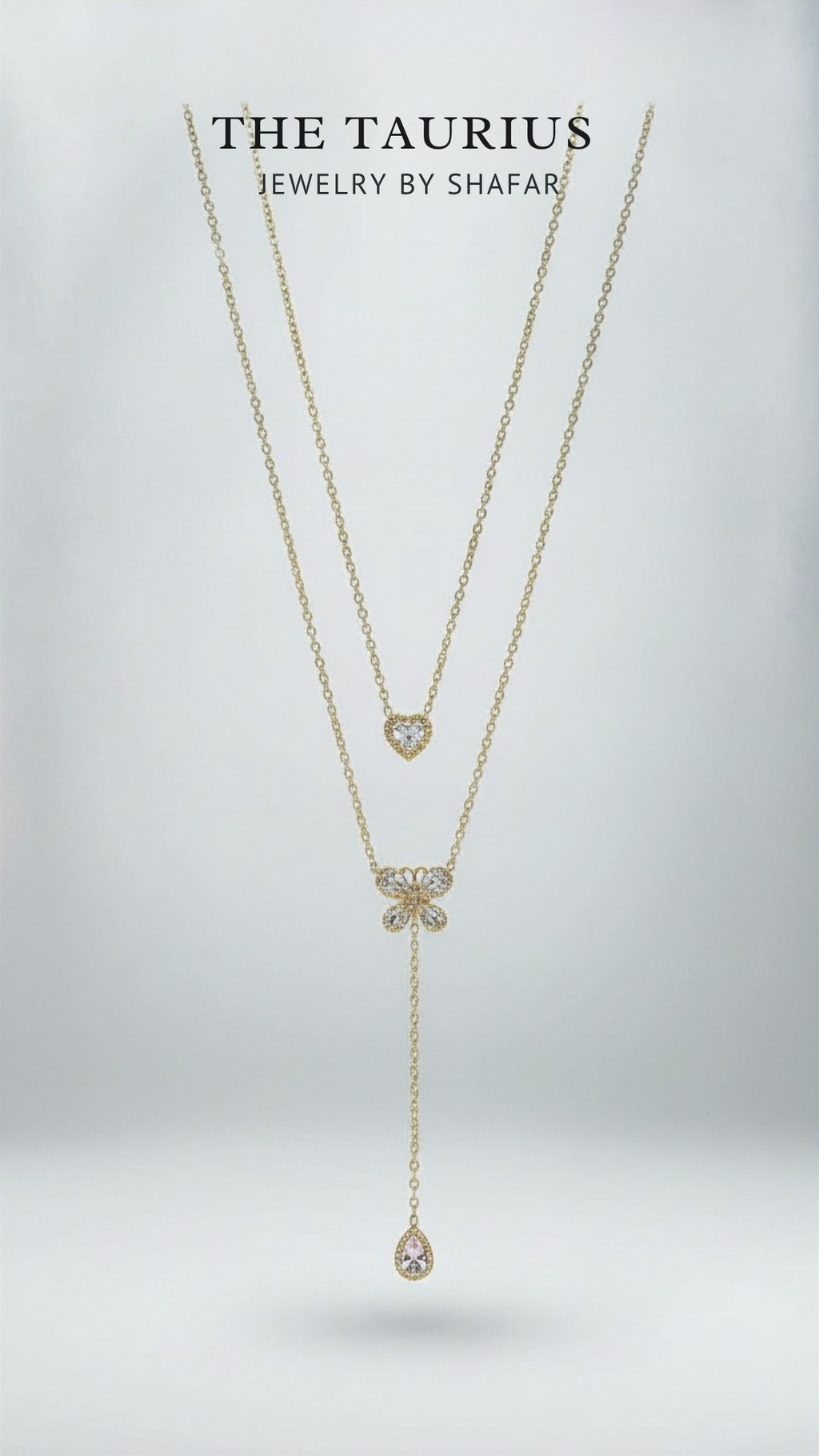 Gold Diamond Butterfly & Heart Layered Lariat Necklace