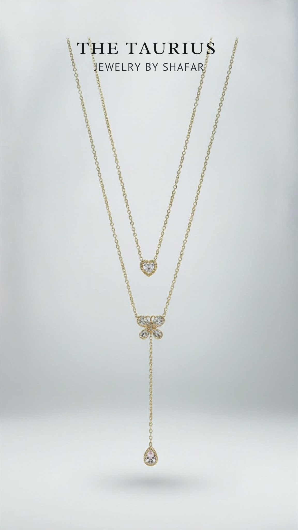Gold Diamond Butterfly & Heart Layered Lariat Necklace