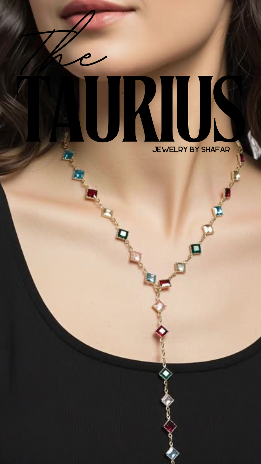 Gold Multicolour Square Crystal Lariat Y-Drop Necklace