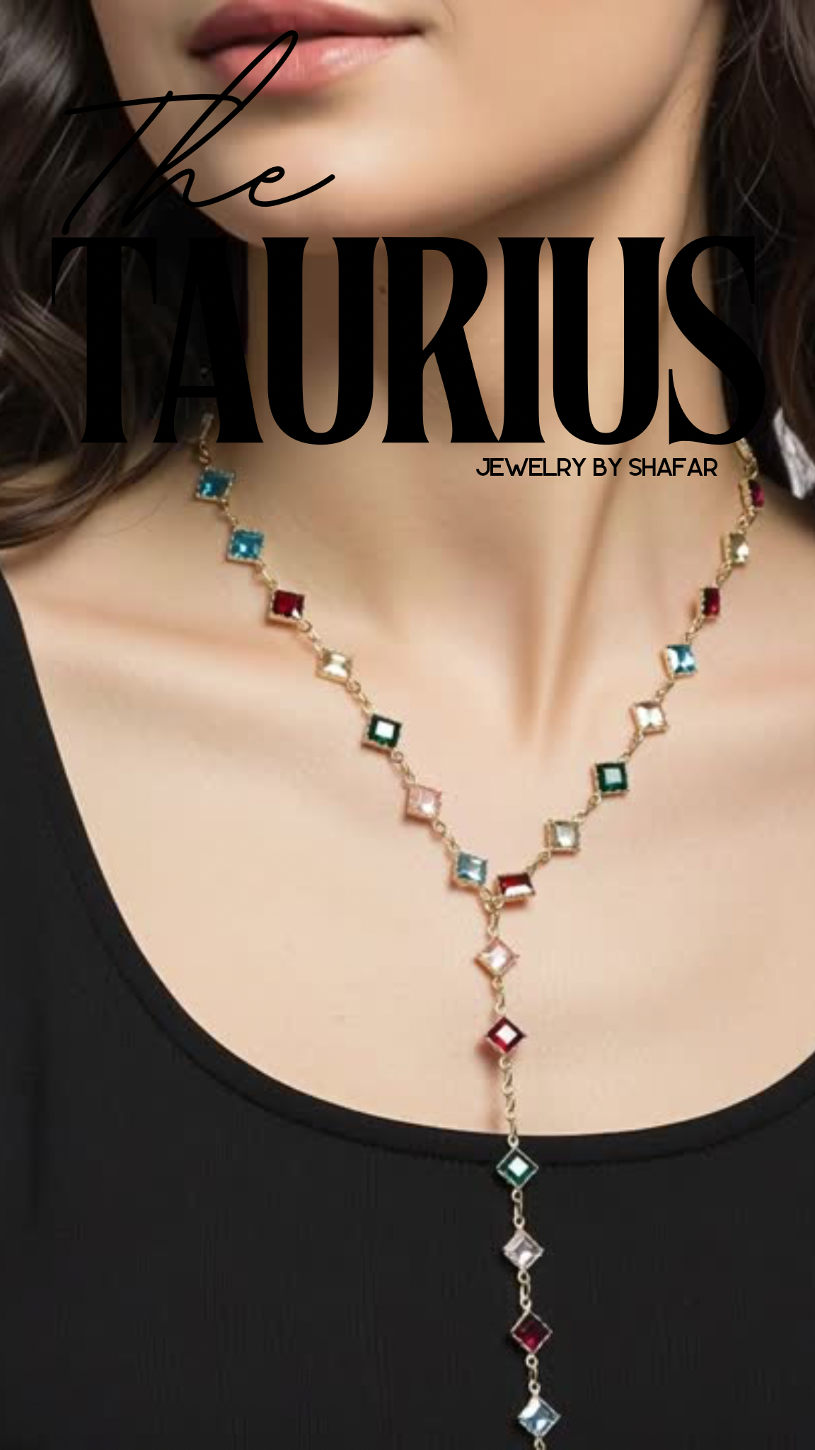 Gold Multicolour Square Crystal Lariat Y-Drop Necklace